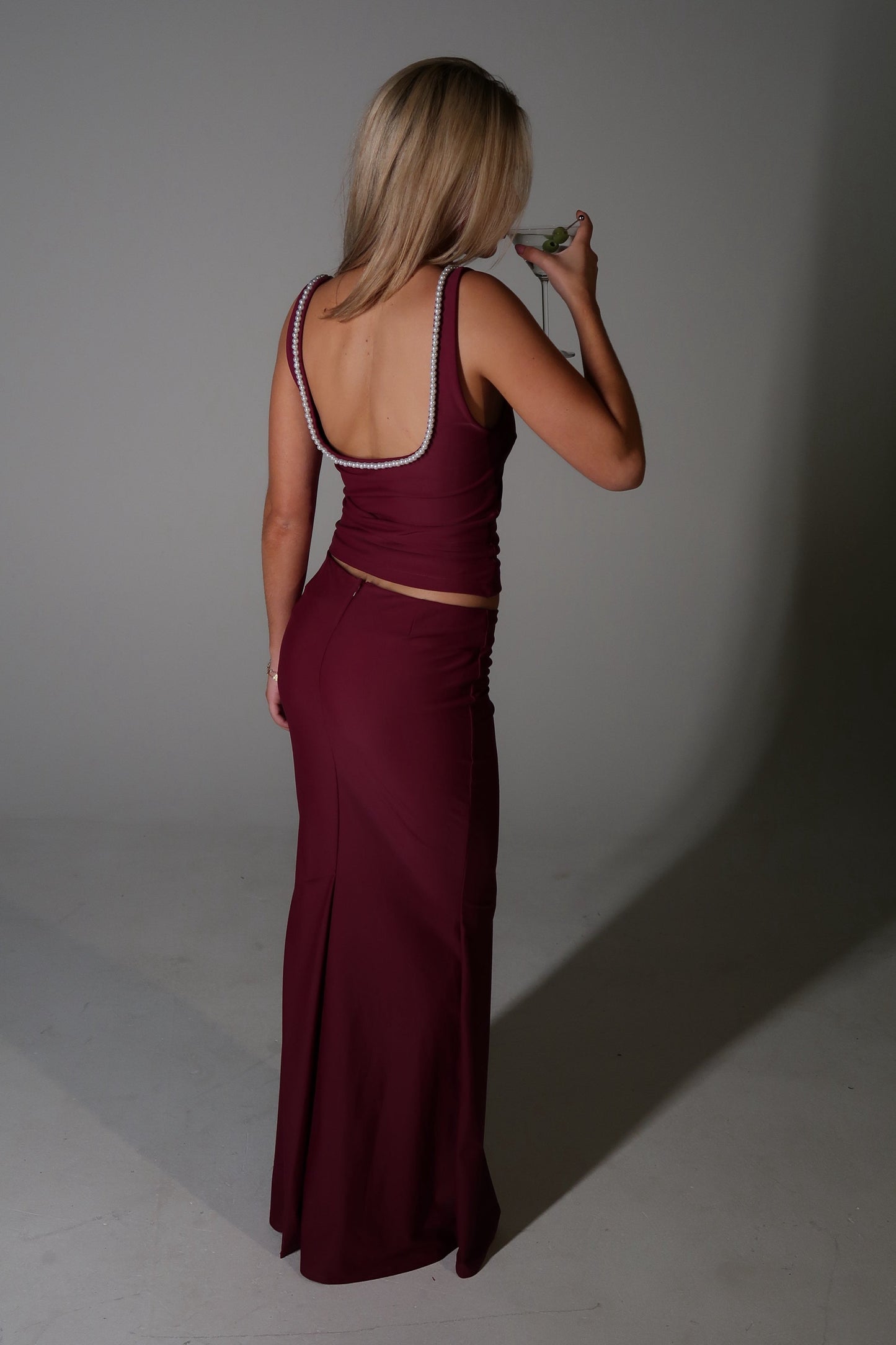 Hepburn Pearl Top & Maxi Skirt Set – Wine