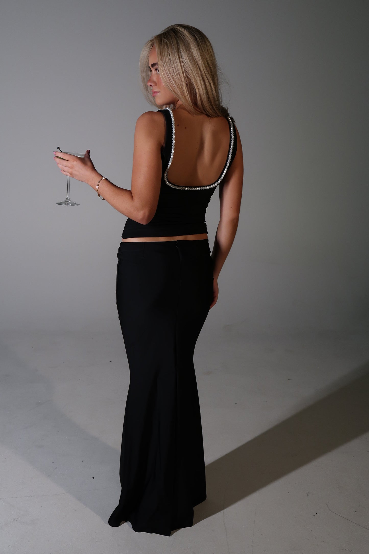 Hepburn Pearl Top & Maxi Skirt Set – Black
