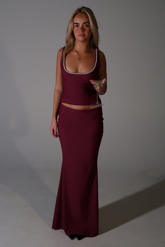 Hepburn Pearl Top & Maxi Skirt Set – Wine