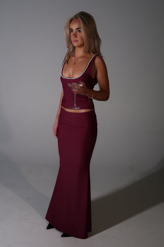 Hepburn Pearl Top & Maxi Skirt Set – Wine